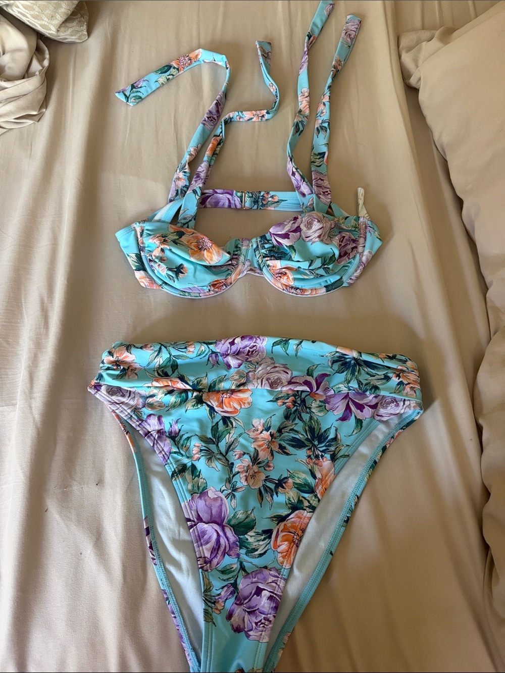 Cupshe Floral High-Waist Bikini Set in Aqua with Purple and Orange Flowers